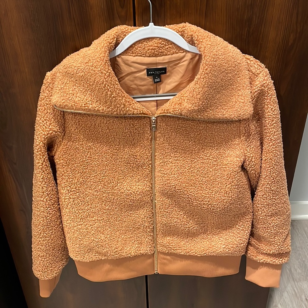 Ann Taylor Orange Sherpa/Teddy Full Zip Jacket